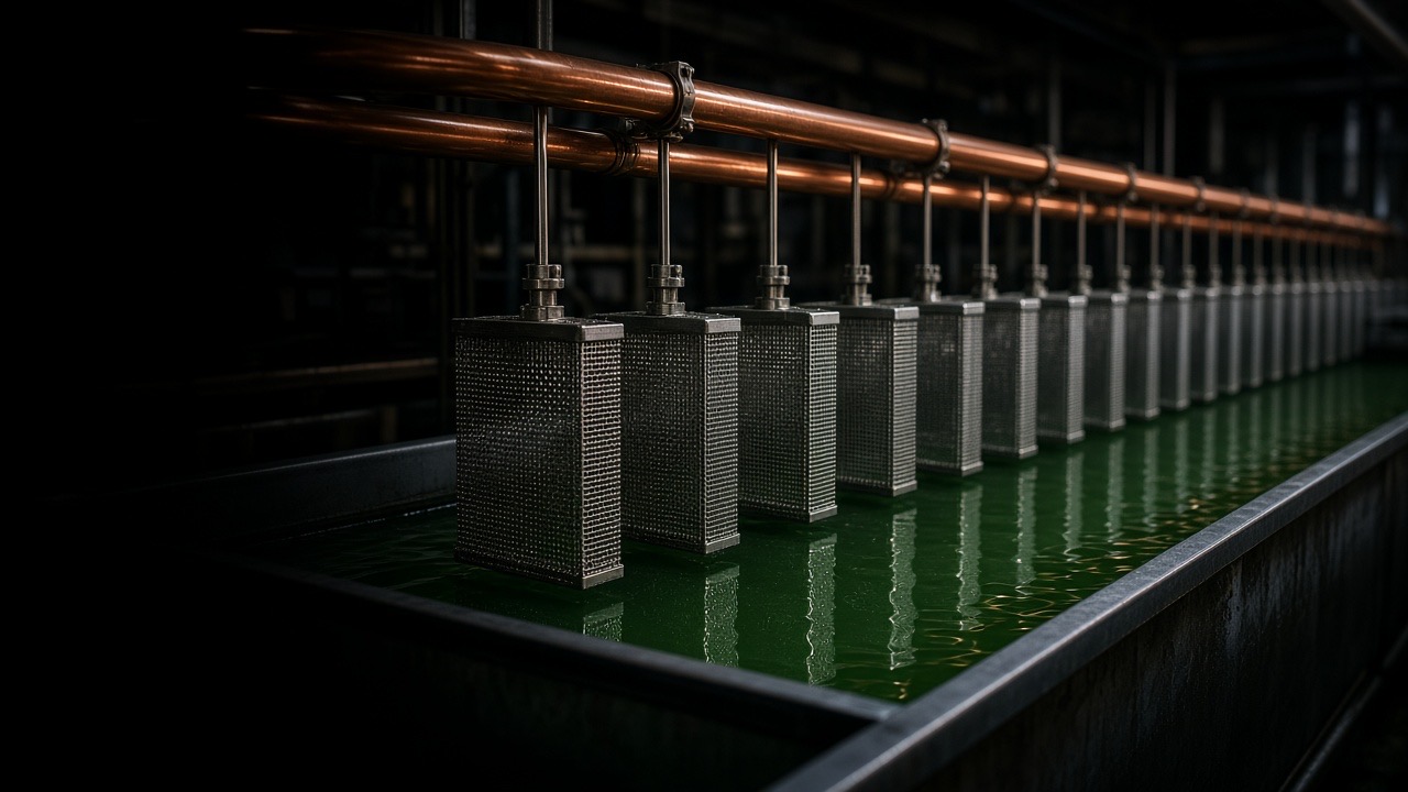 Row of titanium anode baskets hanging from a copper bus bar over a nickel plating tank